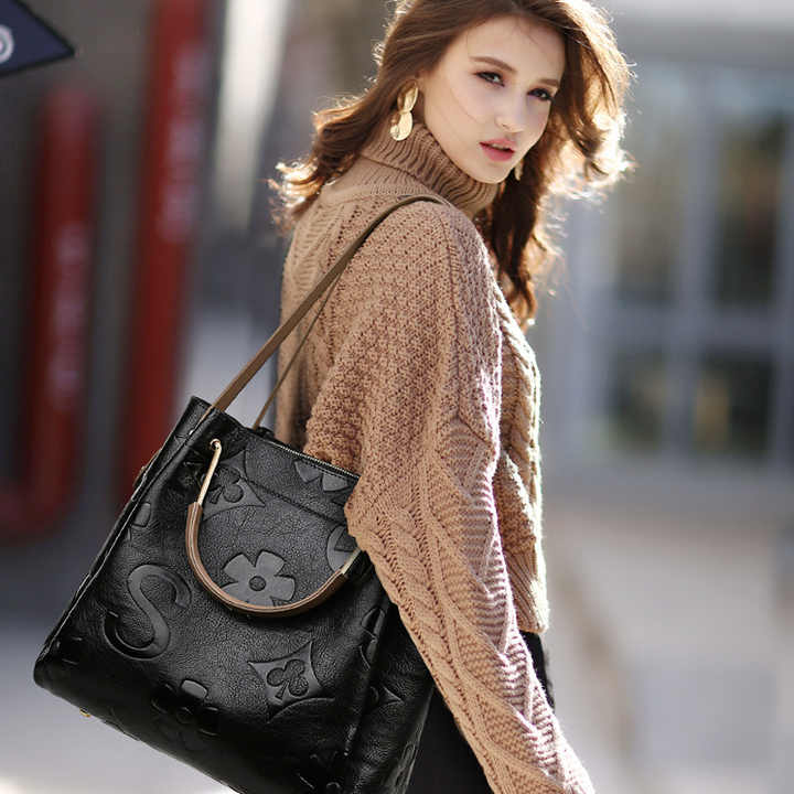 Black Elegant Embossed PU Leather Tote Bag for Women - Large Capacity Handbag with Inner Pouch
