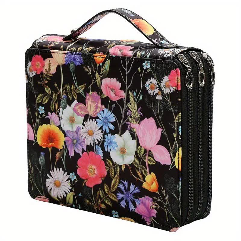 Black Floral Design Portable Zippered Pencil Case - 3-Layer