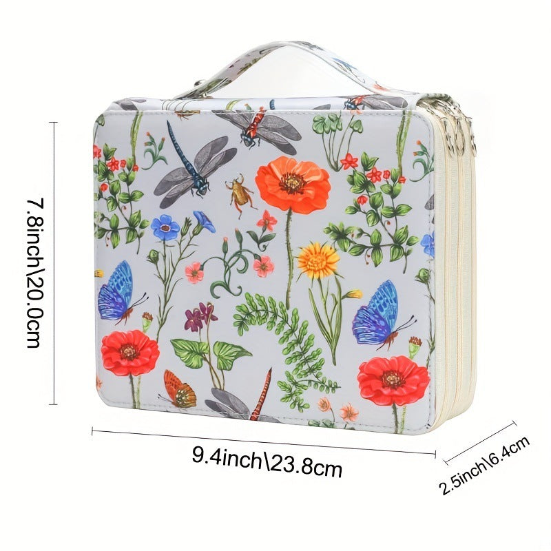 Black Floral Design Portable Zippered Pencil Case - 3-Layer