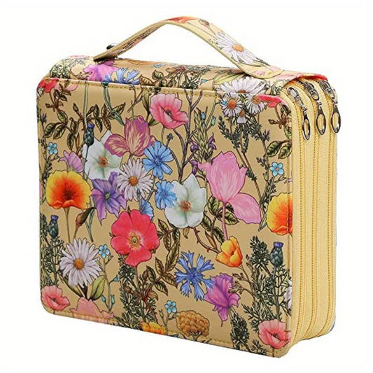 Yellow Floral Design Portable Zippered Pencil Case - 3-Layer