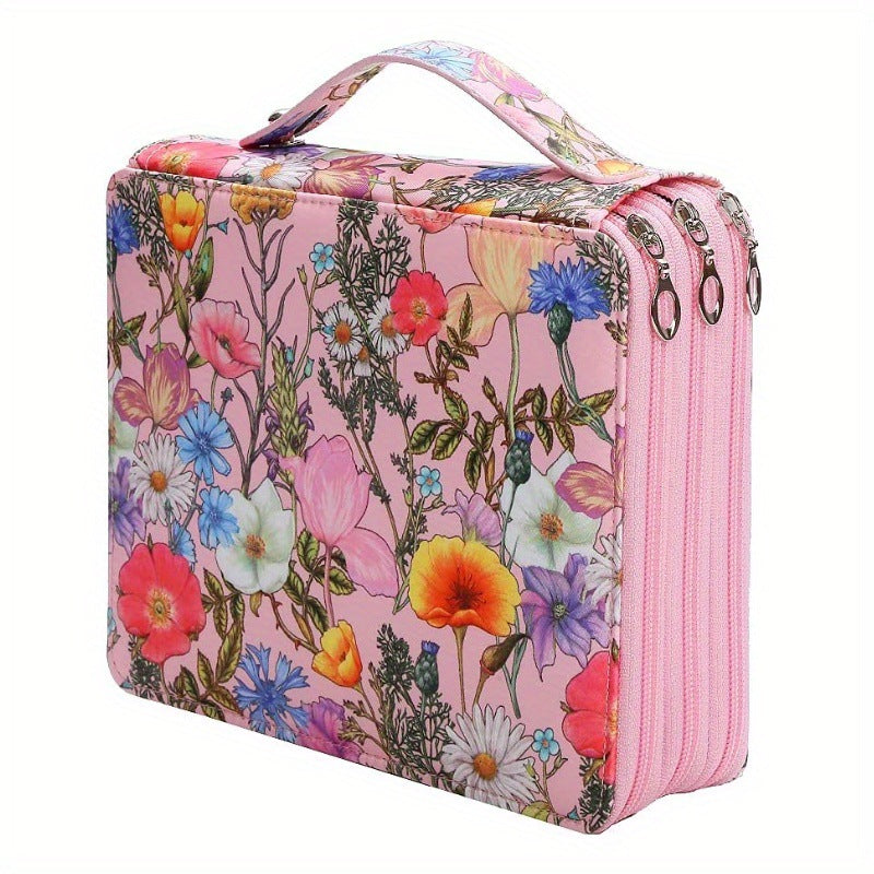 Pink Floral Design Portable Zippered Pencil Case - 3-Layer