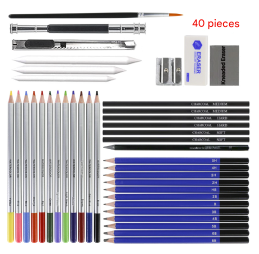 Blue 40-Piece Drawing Pencil Set, Professional Art Kit