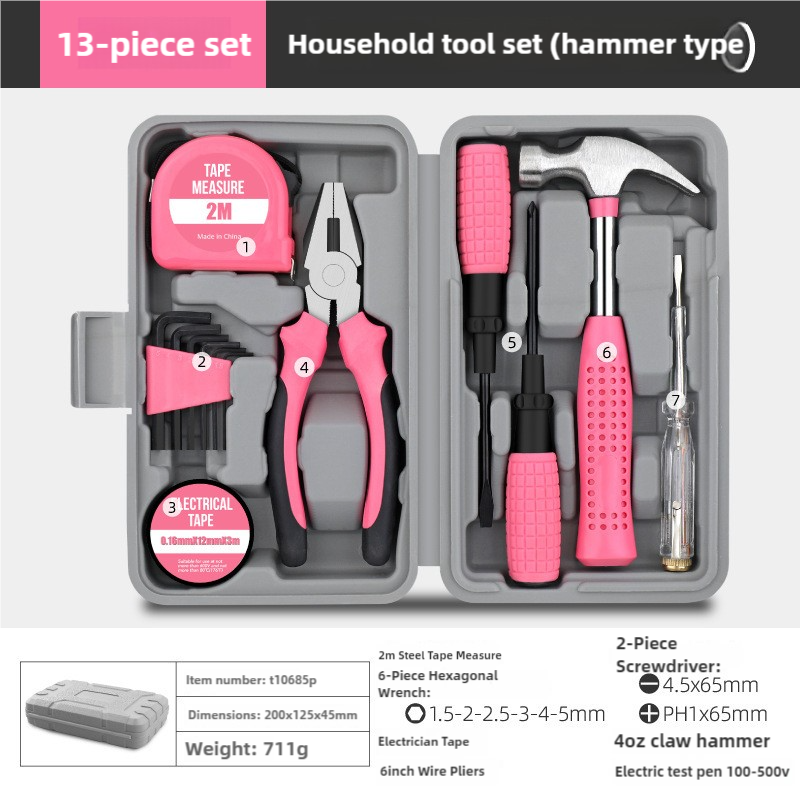 13-Piece Pink Household Tool Set, Complete Home Repair Kit