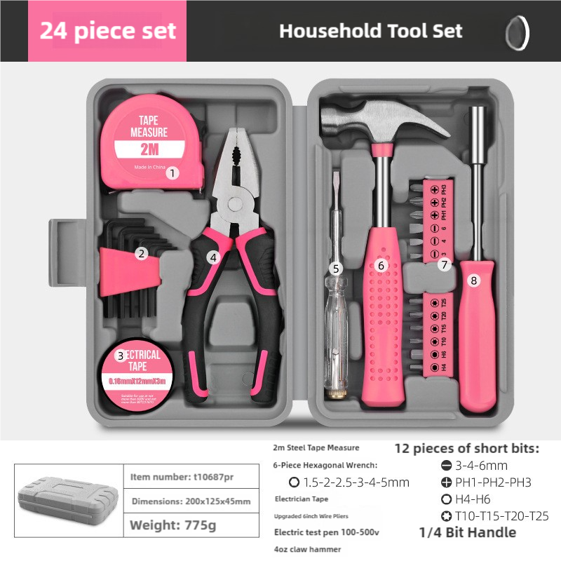 Pink 24-Piece Household Tool Set, Complete Home Repair Kit