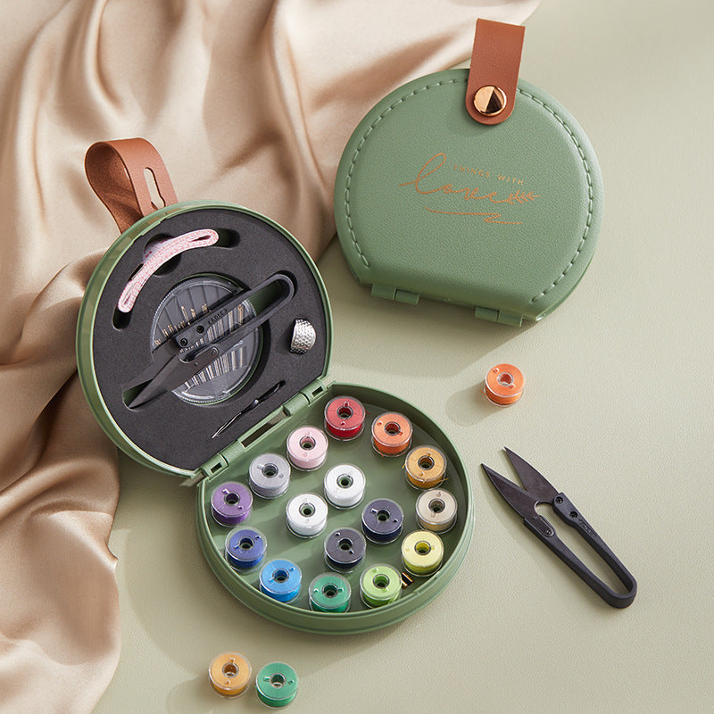 Green Portable Sewing Kit with Threads, Needles, and Tools