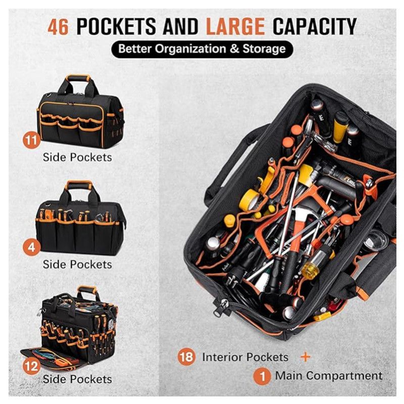 17 Inch Heavy Duty Tool Bag - 43cm Wide Open Mouth Organiser - Thickened Wear