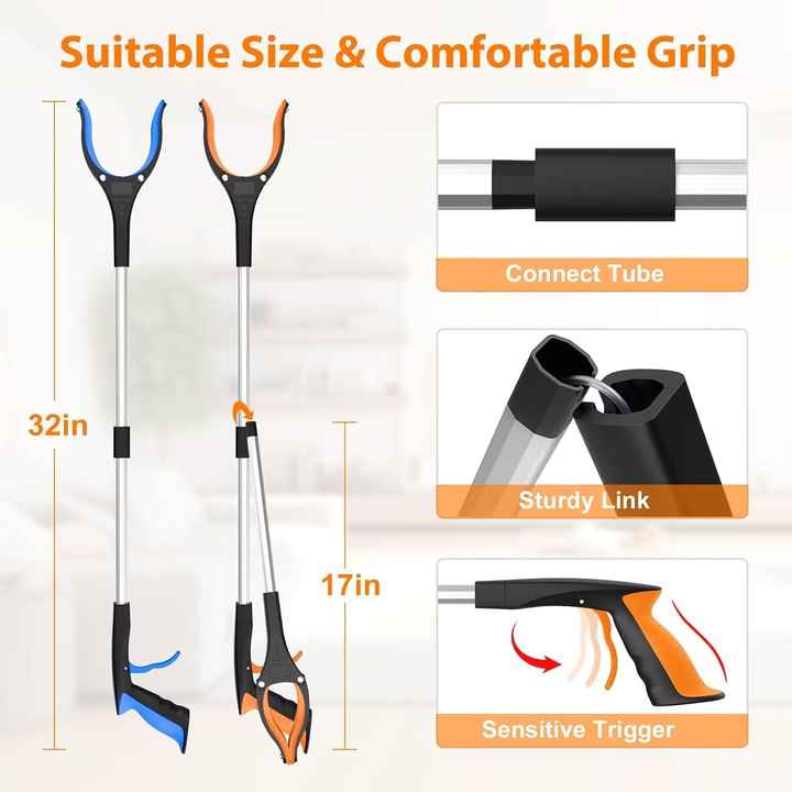 Blue Foldable Grabber Tool with Silicone Non-Slip Claws - Ideal for Litter