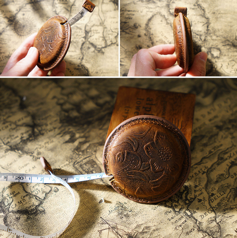 Yellow Brown Mini Leather Tape Measure - 1.5m/60in - Round