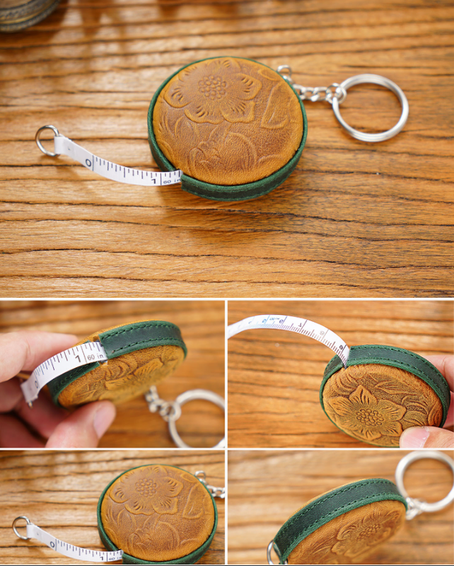 Dark Green Side Band Mini Leather Tape Measure - 1.5m/60in - Round