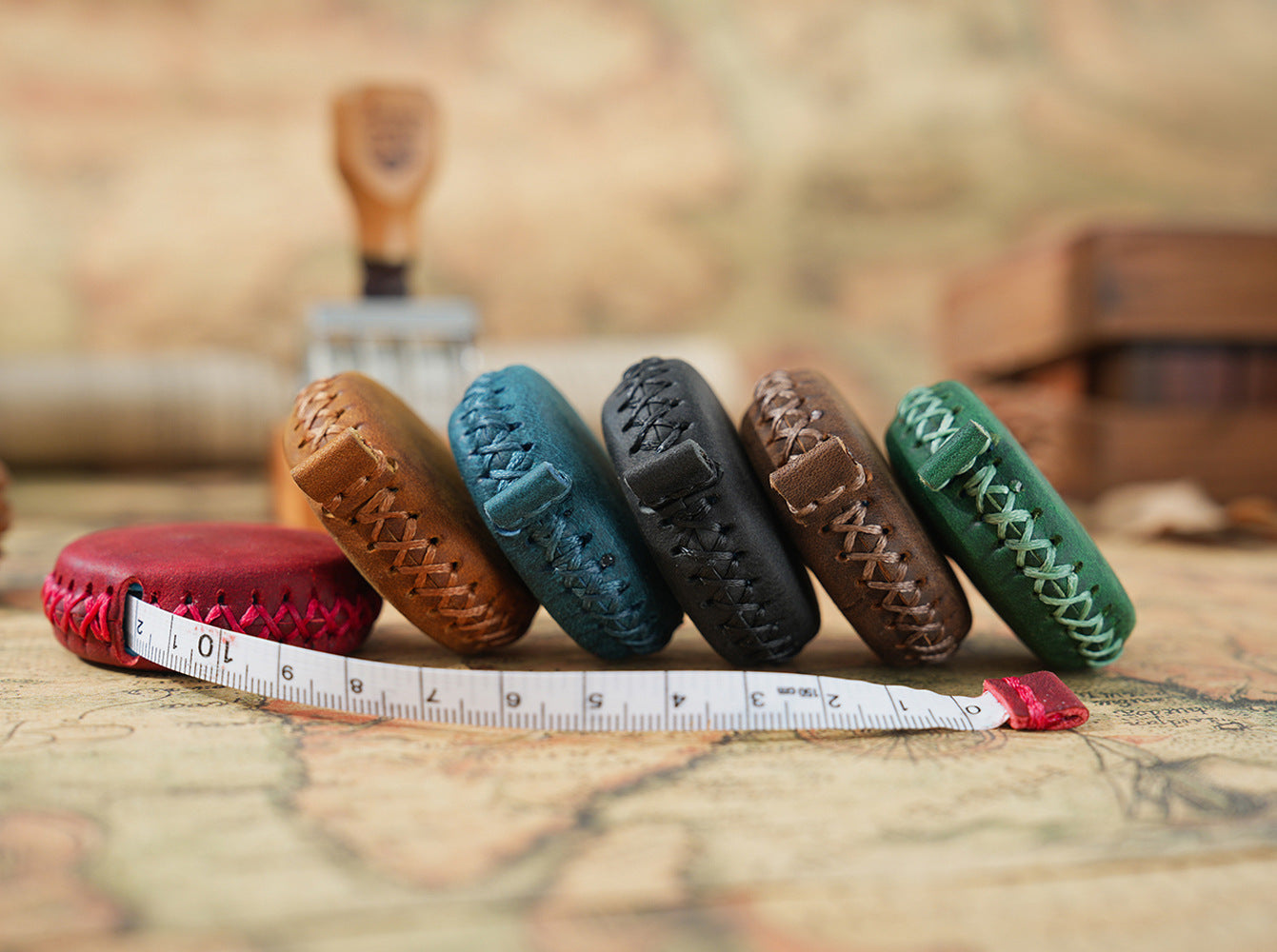 2 PCS Brown Hand-Stitched Leather Tape Measure - Compact