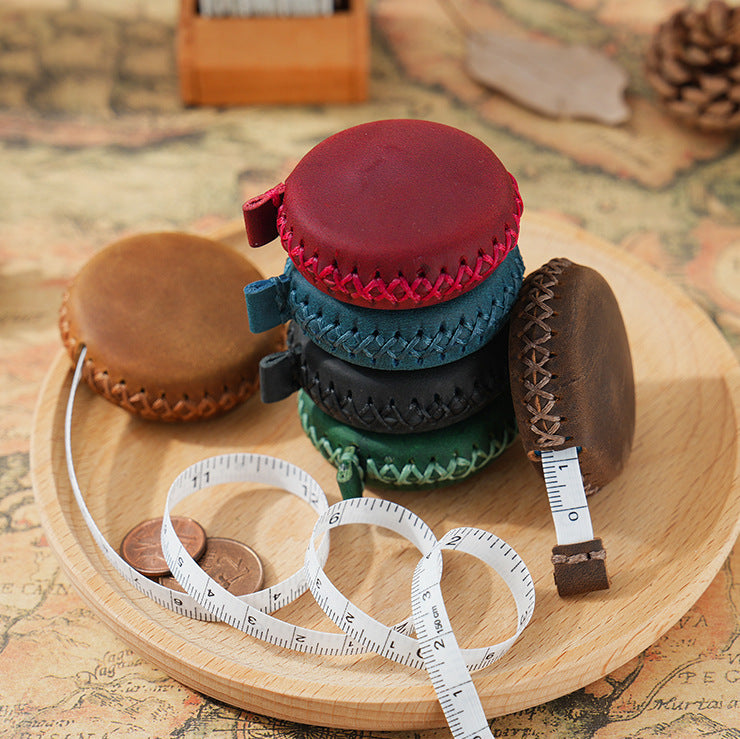 2 PCS Wine Red Hand-Stitched Leather Tape Measure - Compact