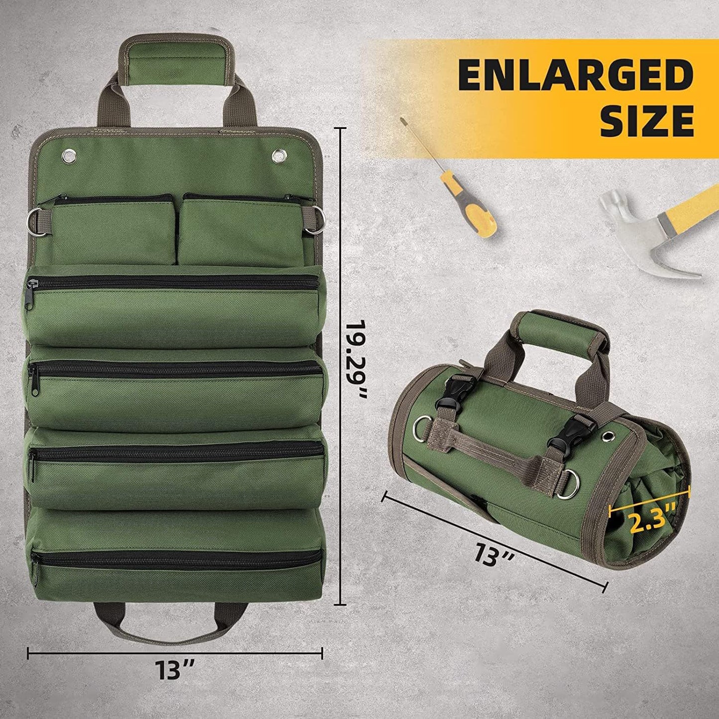 Black Heavy Duty Roll-Up Tool Bag Organizer - Waterproof Oxford Fabric Pouch with Multiple Pockets