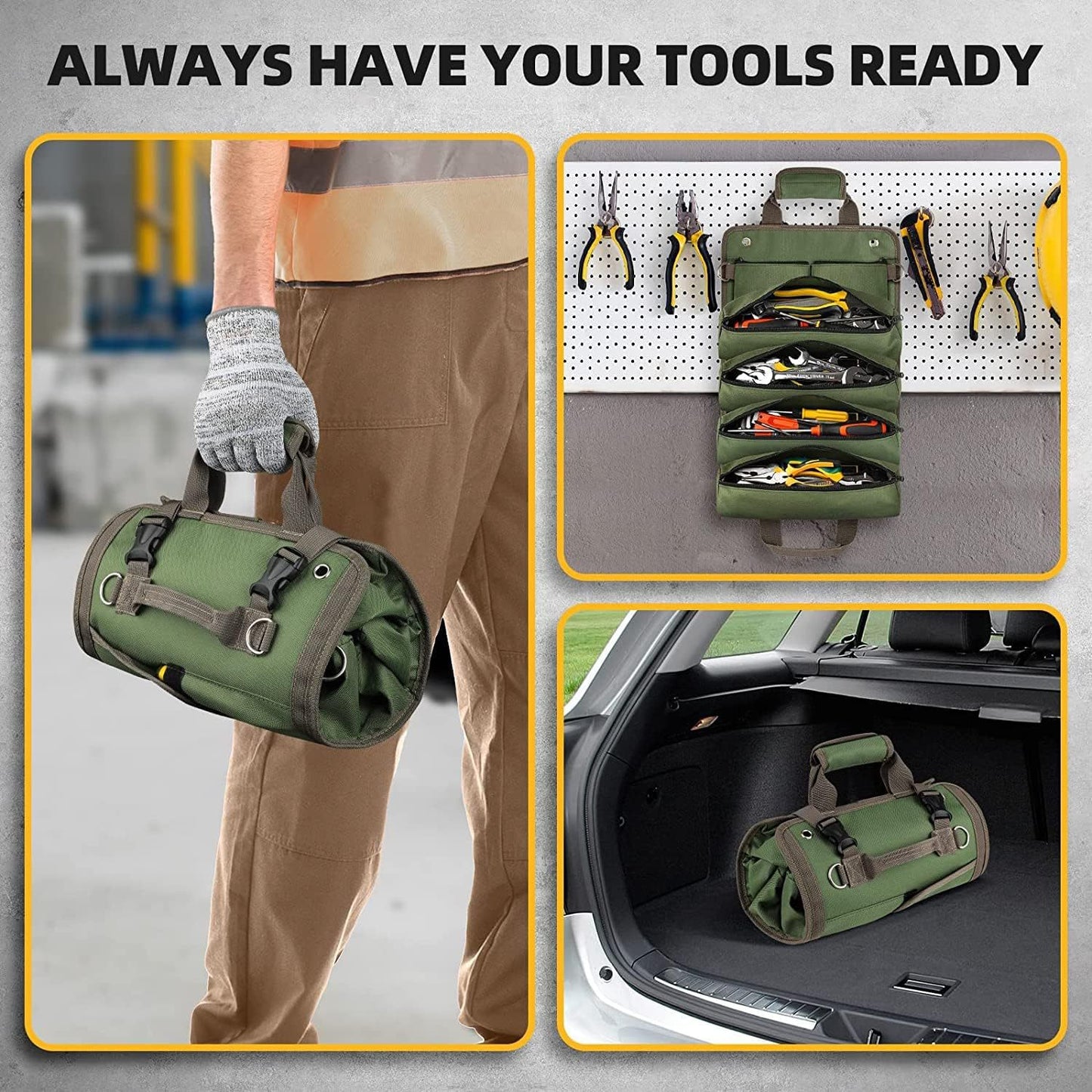 Green Heavy Duty Roll-Up Tool Bag Organizer - Waterproof Fabric