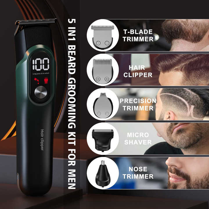Green 5-in-1 Digital Display Hair Clipper Set - Adjustable