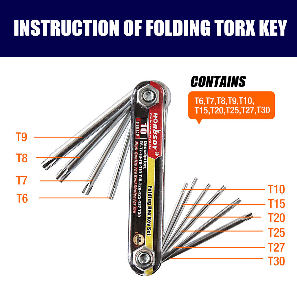 Folding Torx Key Wrench Set - T6-T30 Star Keys, Portable Multi-Tool