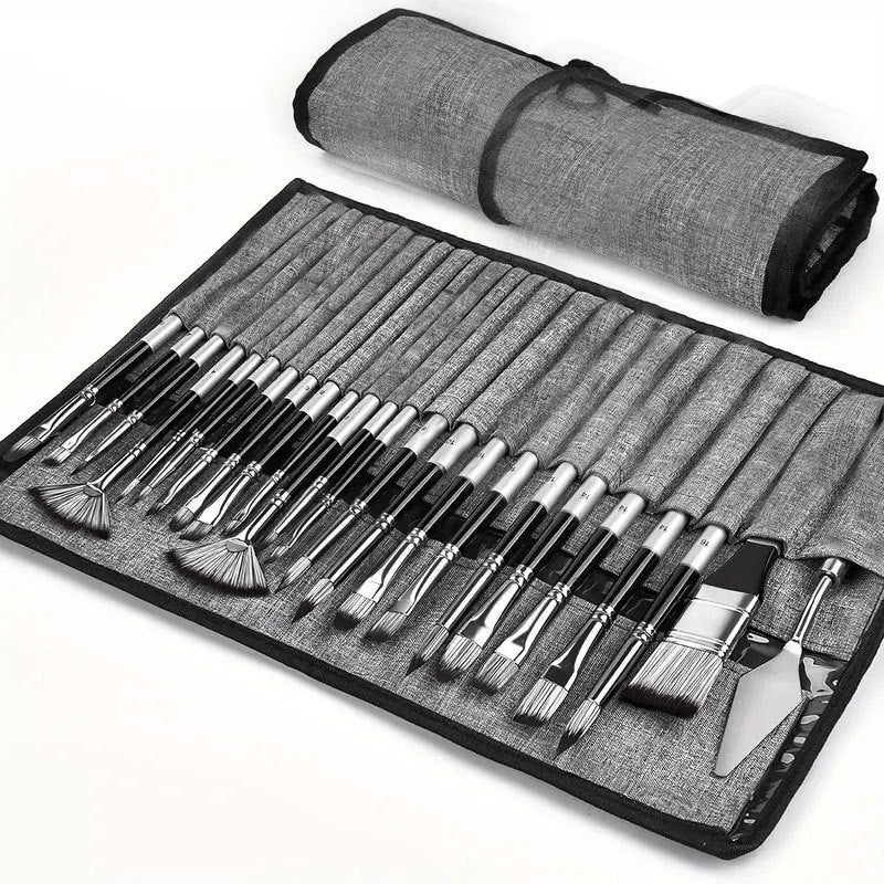Artist Paint Brush Set with Canvas Roll-Up Case - Nylon Hair Brushes
