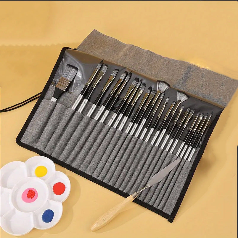 Artist Paint Brush Set with Canvas Roll-Up Case - Nylon Hair Brushes