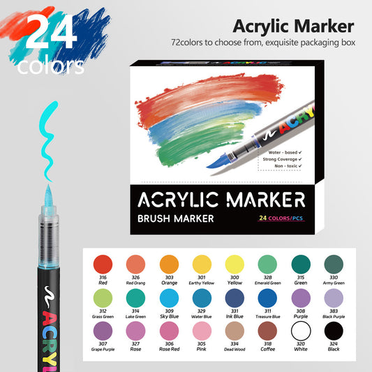 24 Colour Set Vibrant Cyan Acrylic Marker with Soft Brush Tip