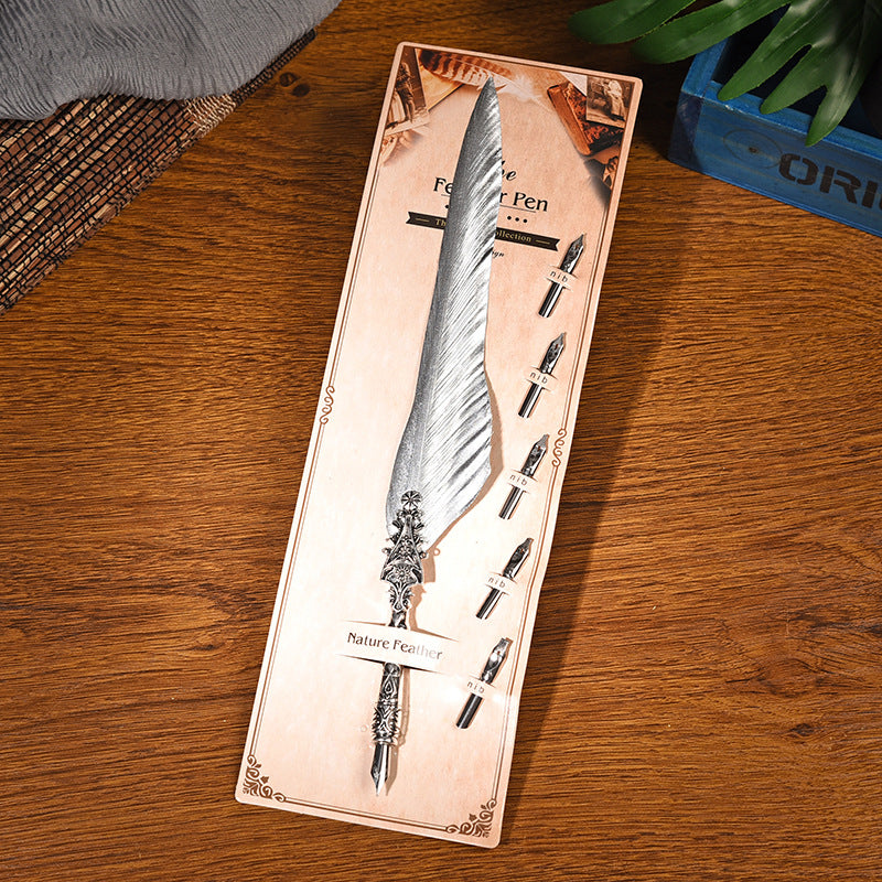 Sword Plume Silver European Dip Feather Quill Pen Set - 2-Piece Retro