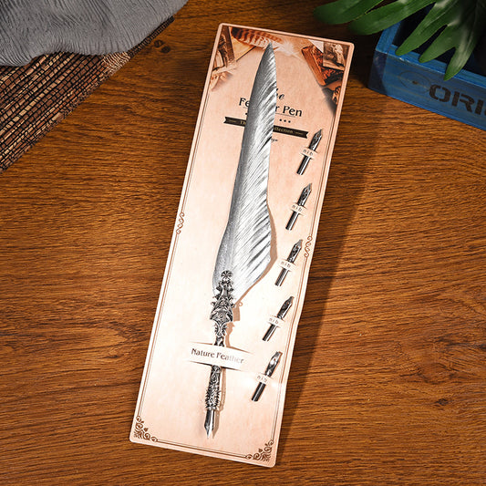 Sword Plume Silver European Dip Feather Quill Pen Set - 2-Piece Retro