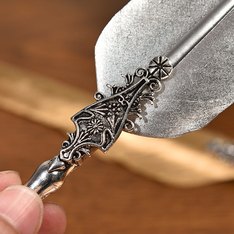 Sword Plume Silver European Dip Feather Quill Pen Set - 2-Piece Retro