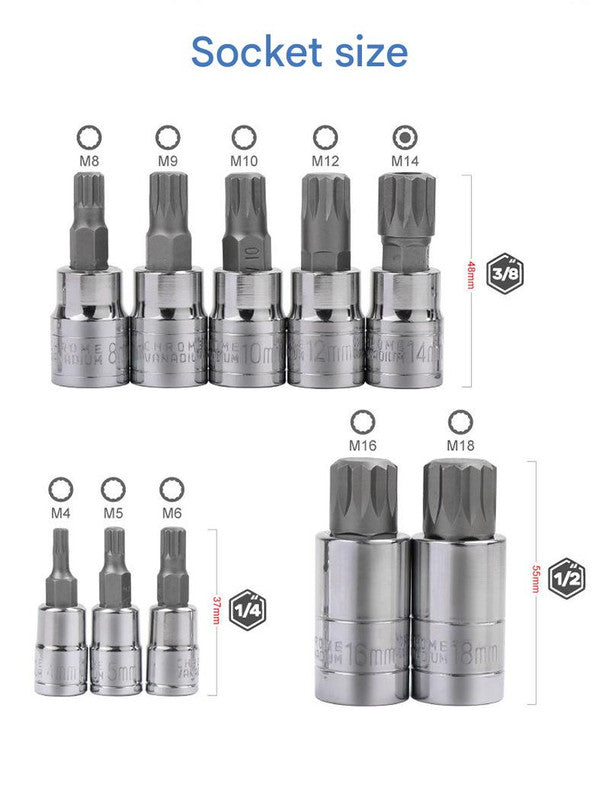 10-Piece M-Type Spline Bit Socket Set - Chrome Steel, Polished & Quenched
