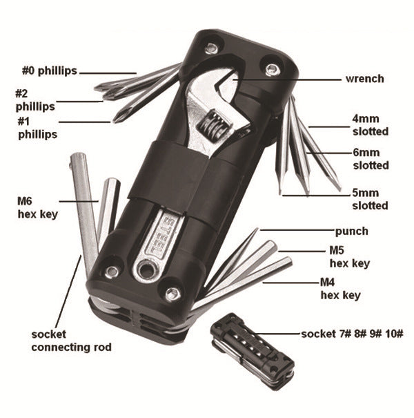 Black Versatile 16-in-1 Bike & Motorcycle Multi-Tool - Portable Repair Kit