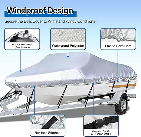 Grey Heavy Duty Waterproof Tarp Covers with Storage Bag, Fits V-Hull, Fish&Ski