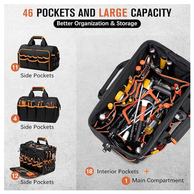 Heavy-Duty 17-Inch Tool Bag with 46 Pockets, Waterproof Base