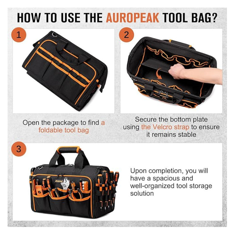 Heavy-Duty 17-Inch Tool Bag with 46 Pockets, Waterproof Base