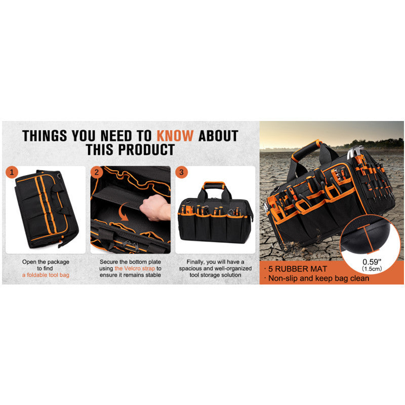Heavy-Duty 17-Inch Tool Bag with 46 Pockets, Waterproof Base