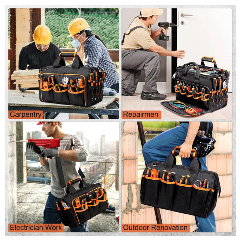 Heavy-Duty 17-Inch Tool Bag with 46 Pockets, Waterproof Base