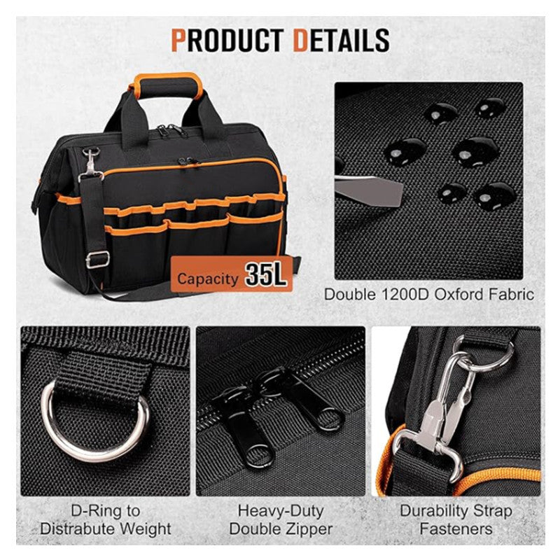 Heavy-Duty 17-Inch Tool Bag with 46 Pockets, Waterproof Base