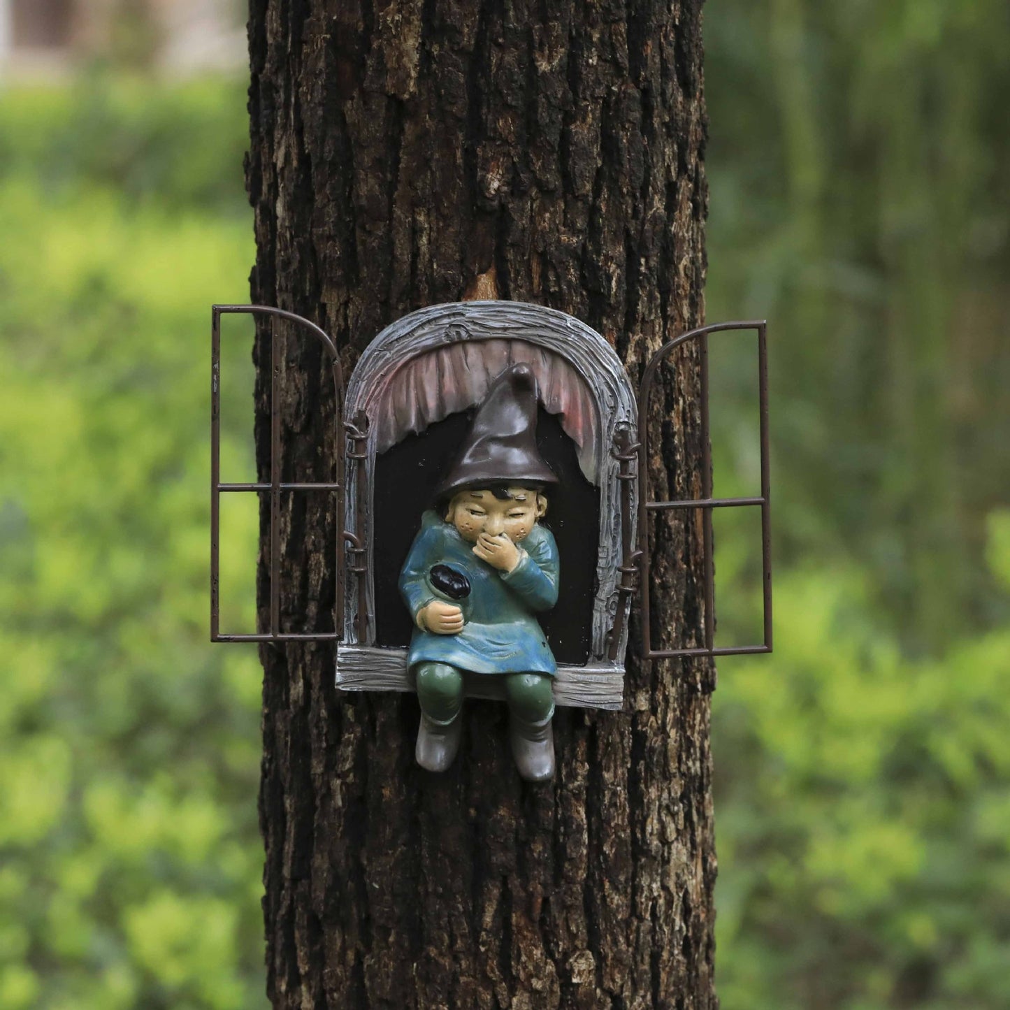Mouth-Covering Little Man Climbing Window Gnome Figurine