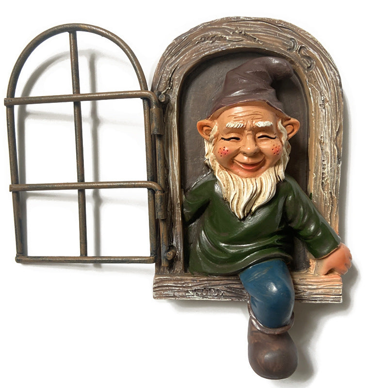 Green-clad White-bearded Old Man Climbing Window Gnome