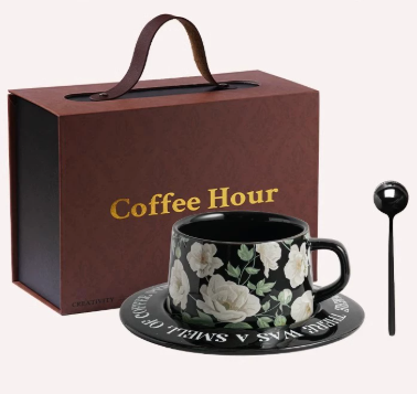 Black Camellia Elegant Ceramic Coffee Cup & Saucer Set