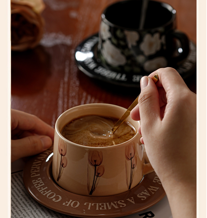 Black Camellia Elegant Ceramic Coffee Cup & Saucer Set