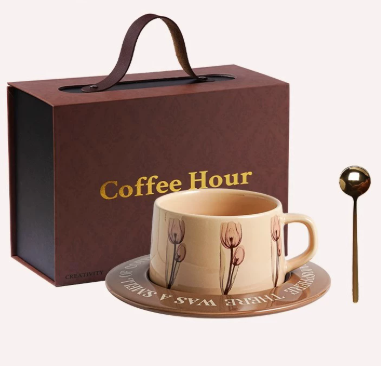 Brown Tulip Elegant Ceramic Coffee Cup & Saucer Set