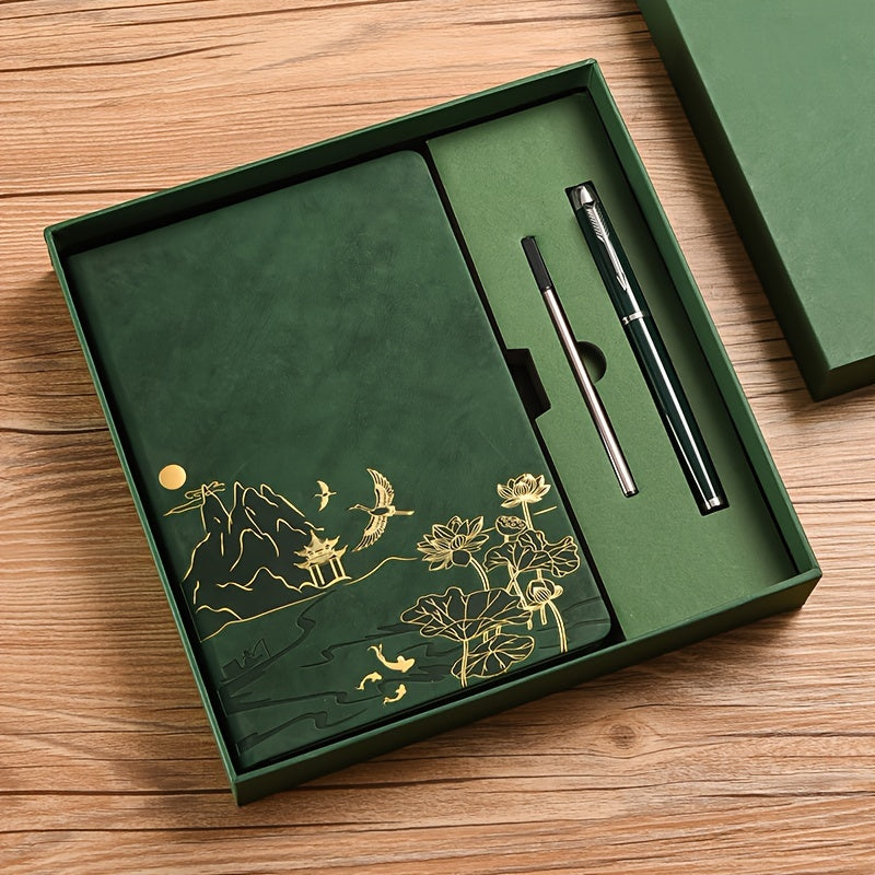 Green A5 Premium Notebook Gift Set with Pen - Red PU Leather Journal