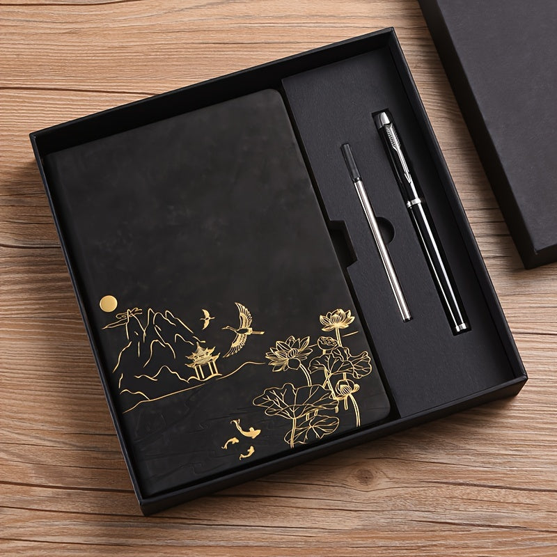 Black A5 Premium Notebook Gift Set with Pen - Red PU Leather Journal
