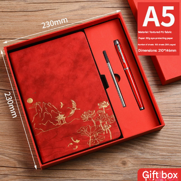 Black A5 Premium Notebook Gift Set with Pen - Red PU Leather Journal