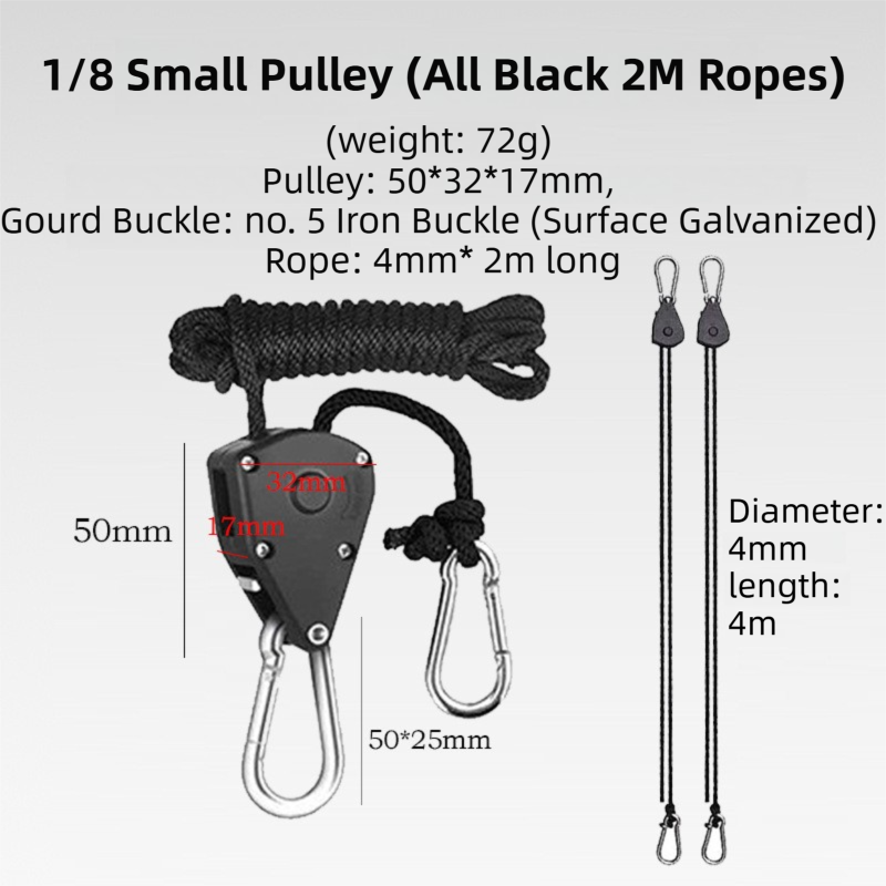 4-Pack 2M Heavy Duty Grow Light Hanger Rope Ratchet - All Black