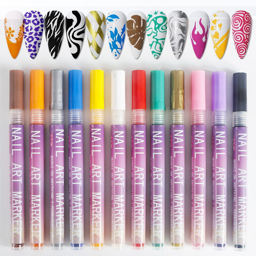 12-Color Acrylic Nail Art Marker Pen Set - Waterproof and Quick Drying