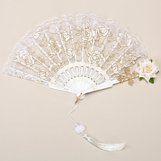 2 Pack White lace, white roses Vintage Lace Folding Fans Gothic
