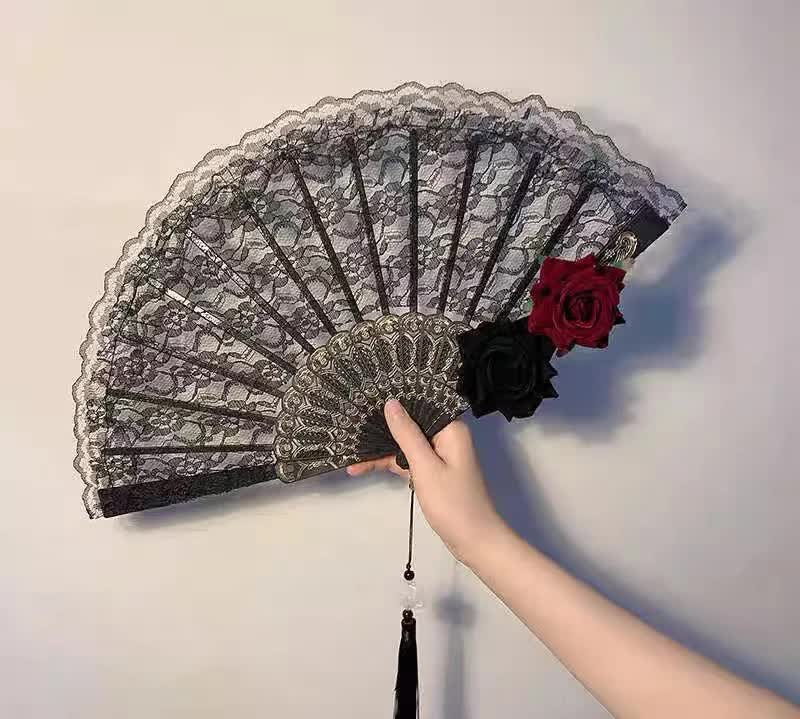 2 Pack White lace, white roses Vintage Lace Folding Fans Gothic