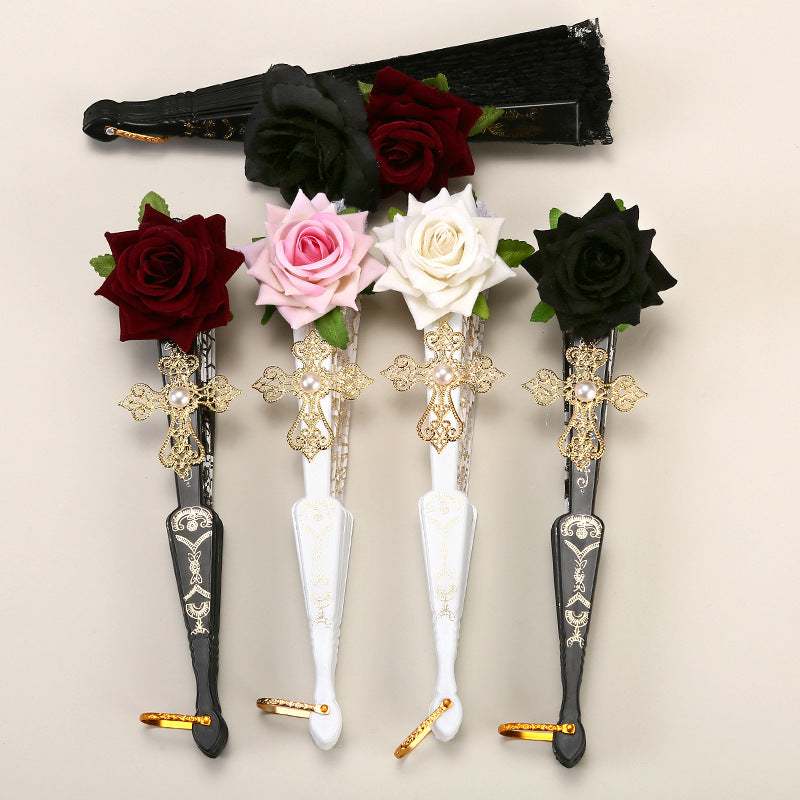2 Pack White lace, white roses Vintage Lace Folding Fans Gothic