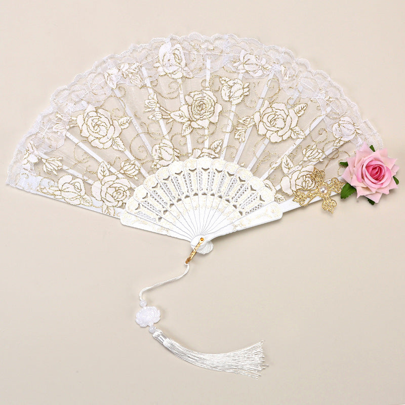 2 Pack White lace pink roses Vintage Lace Folding Fans Gothic Palace Style