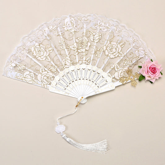 2 Pack White lace pink roses Vintage Lace Folding Fans Gothic Palace Style