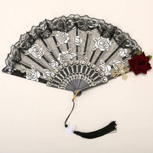 2 Pack Black Lace Burgundy Rose Vintage Lace Folding Fans Gothic