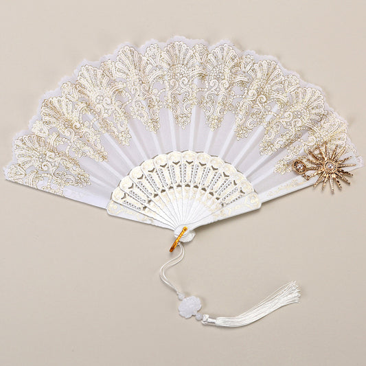 2 Pack White Sunflower with Gold Foil Embossing Vintage Lace Folding Fans